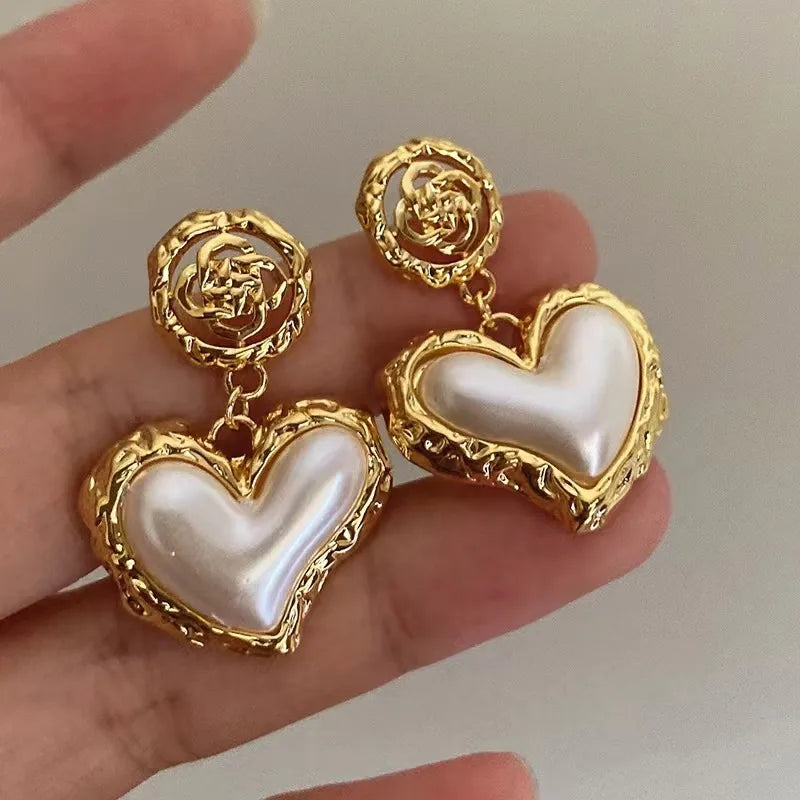 Vintage Heart &amp; Pearl Drop Earrings